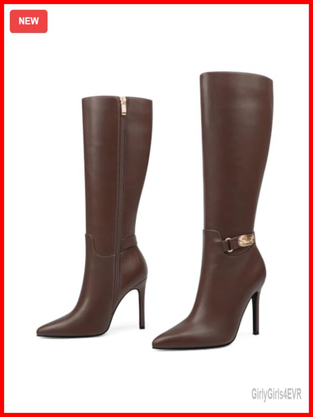 Faux Leather Knee High Stiletto Boots Pointed Toe Buckle